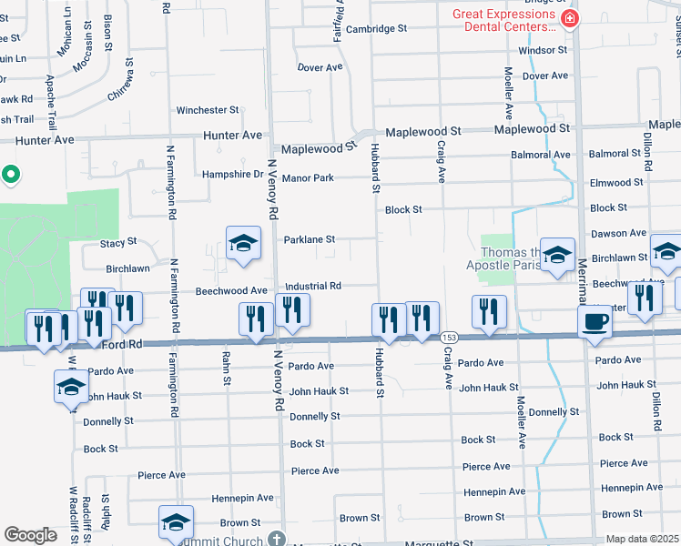 map of restaurants, bars, coffee shops, grocery stores, and more near 32606 Industrial Road in Garden City