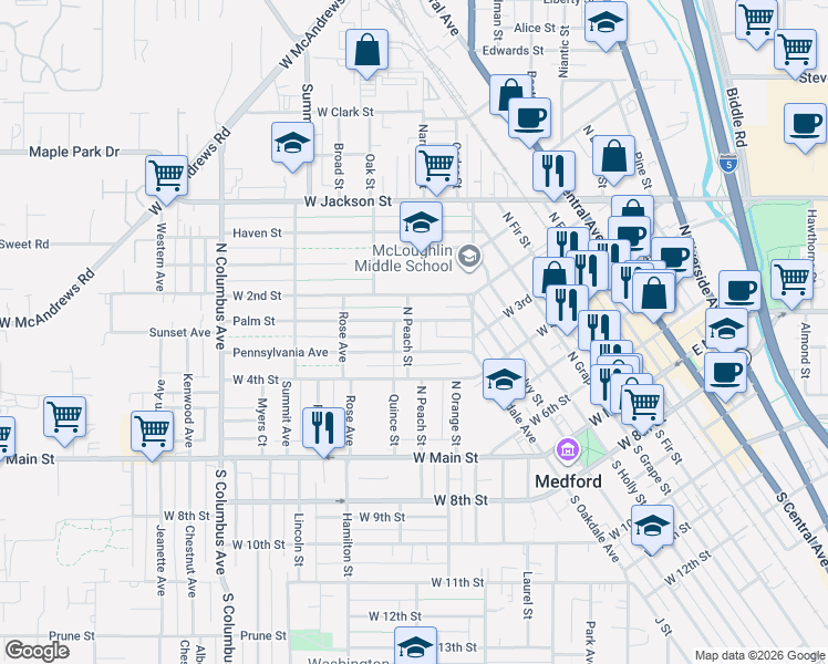 map of restaurants, bars, coffee shops, grocery stores, and more near 214 North Peach Street in Medford