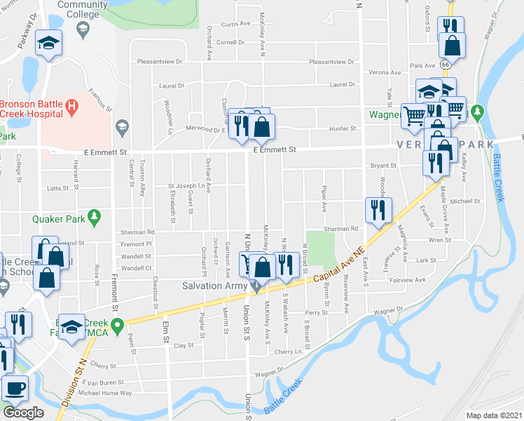 map of restaurants, bars, coffee shops, grocery stores, and more near 109 McKinley Avenue North in Battle Creek