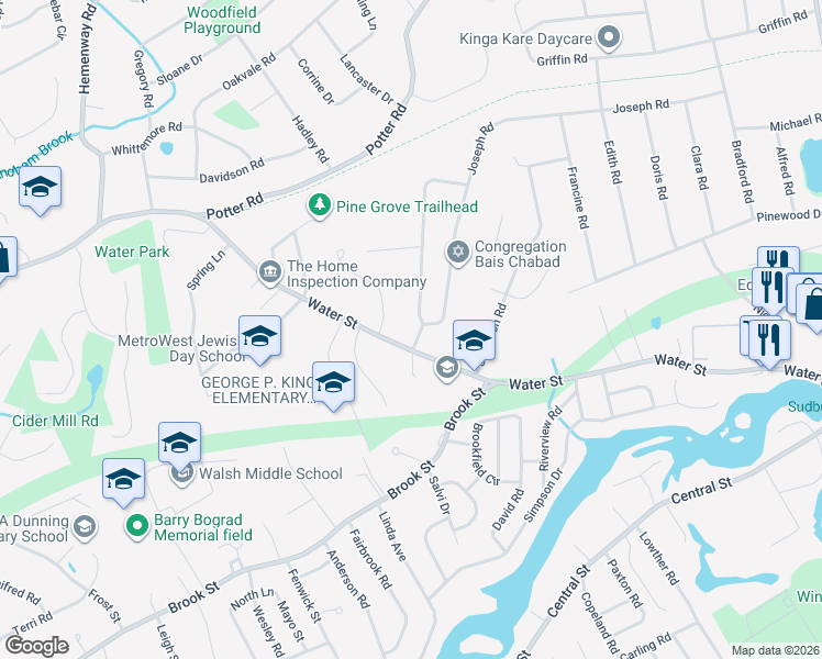 map of restaurants, bars, coffee shops, grocery stores, and more near 403 Water Street in Framingham