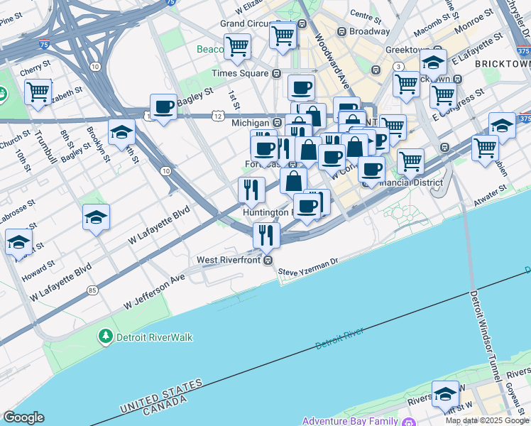 map of restaurants, bars, coffee shops, grocery stores, and more near 610 W Congress St in Detroit