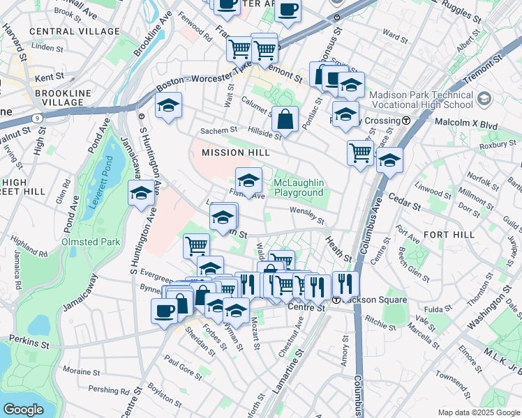 map of restaurants, bars, coffee shops, grocery stores, and more near 6 Bucknam Street in Boston
