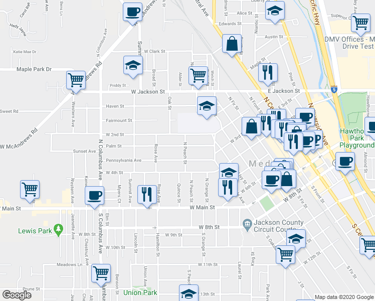 map of restaurants, bars, coffee shops, grocery stores, and more near 214 North Peach Street in Medford