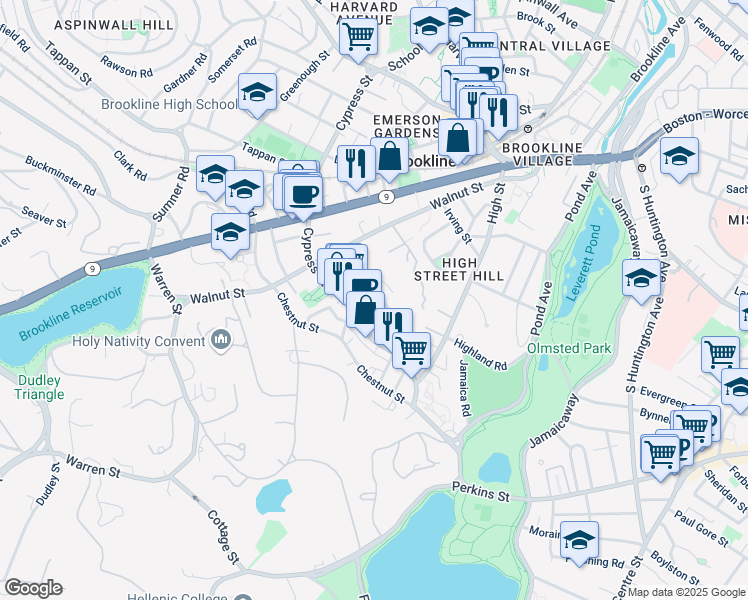 map of restaurants, bars, coffee shops, grocery stores, and more near 23 Roberts Street in Brookline