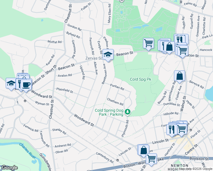 map of restaurants, bars, coffee shops, grocery stores, and more near 98 Beethoven Avenue in Newton