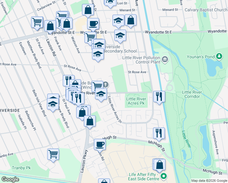 map of restaurants, bars, coffee shops, grocery stores, and more near 8525 Little River Road in Windsor