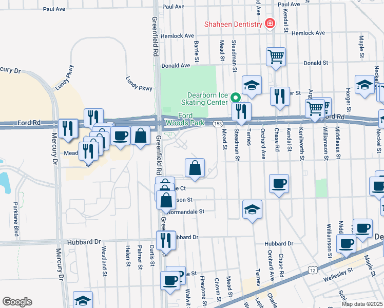 map of restaurants, bars, coffee shops, grocery stores, and more near 5500 Greenfield Road in Dearborn