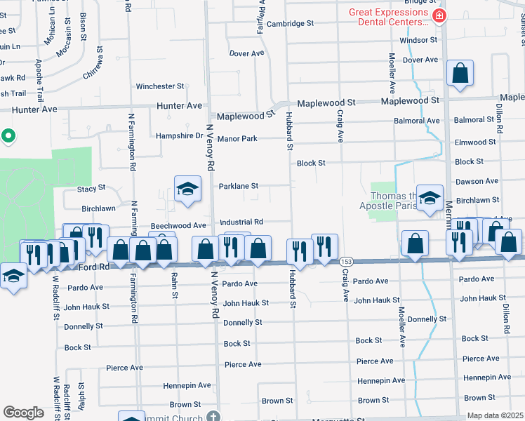 map of restaurants, bars, coffee shops, grocery stores, and more near 32606 Industrial Road in Garden City
