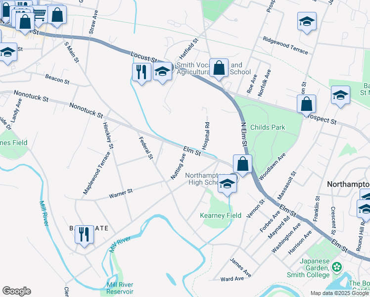 map of restaurants, bars, coffee shops, grocery stores, and more near 523 Elm Street in Northampton