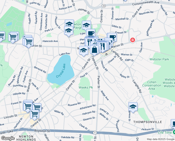 map of restaurants, bars, coffee shops, grocery stores, and more near 50 Paul Street in Newton