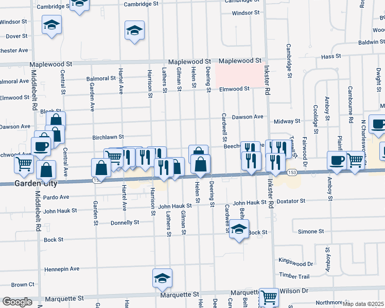 map of restaurants, bars, coffee shops, grocery stores, and more near 5674 Helen Street in Garden City