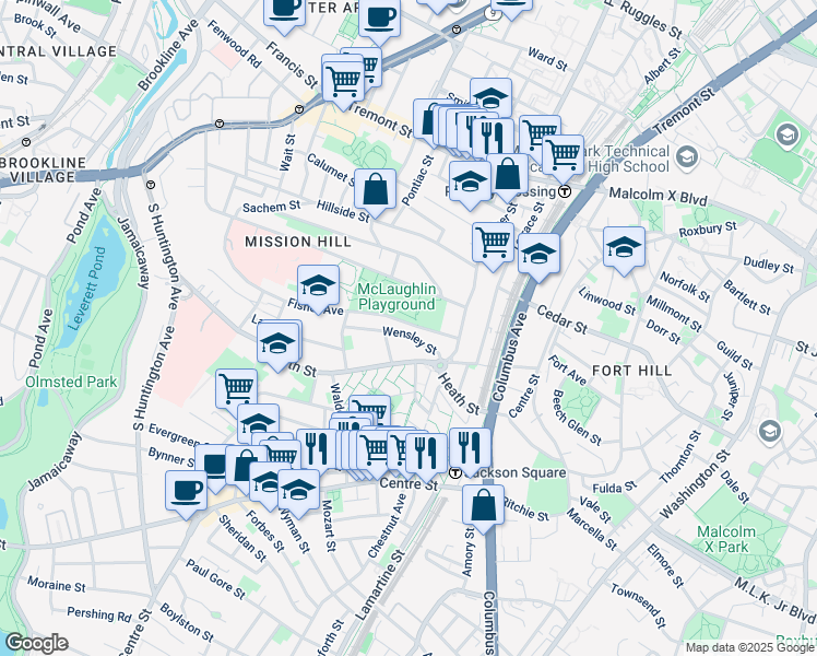 map of restaurants, bars, coffee shops, grocery stores, and more near 40 Fisher Avenue in Boston