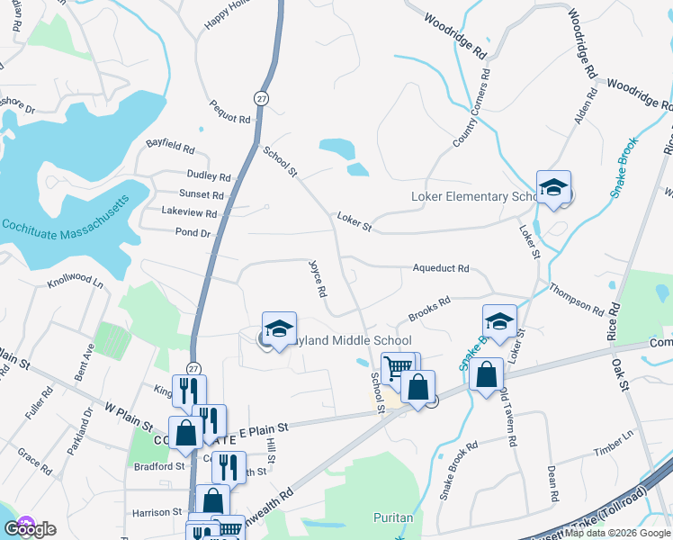 map of restaurants, bars, coffee shops, grocery stores, and more near 94 School Street in Wayland