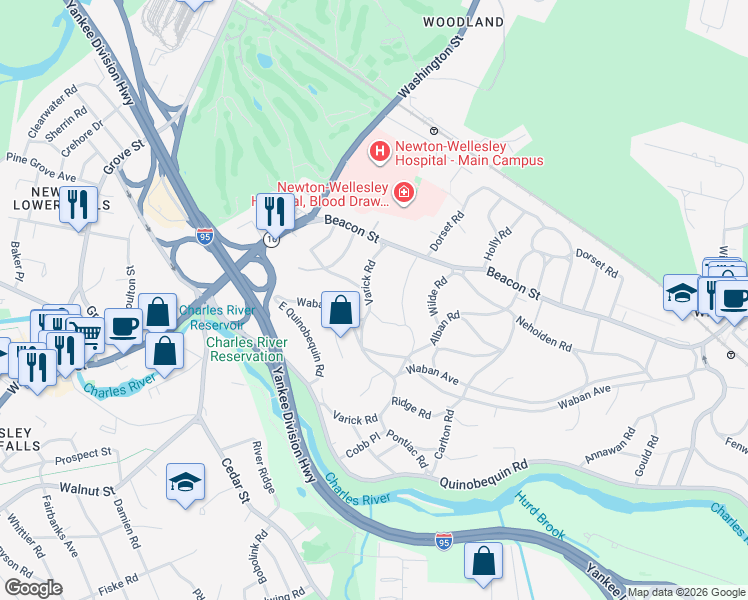 map of restaurants, bars, coffee shops, grocery stores, and more near 124 Neshobe Road in Newton