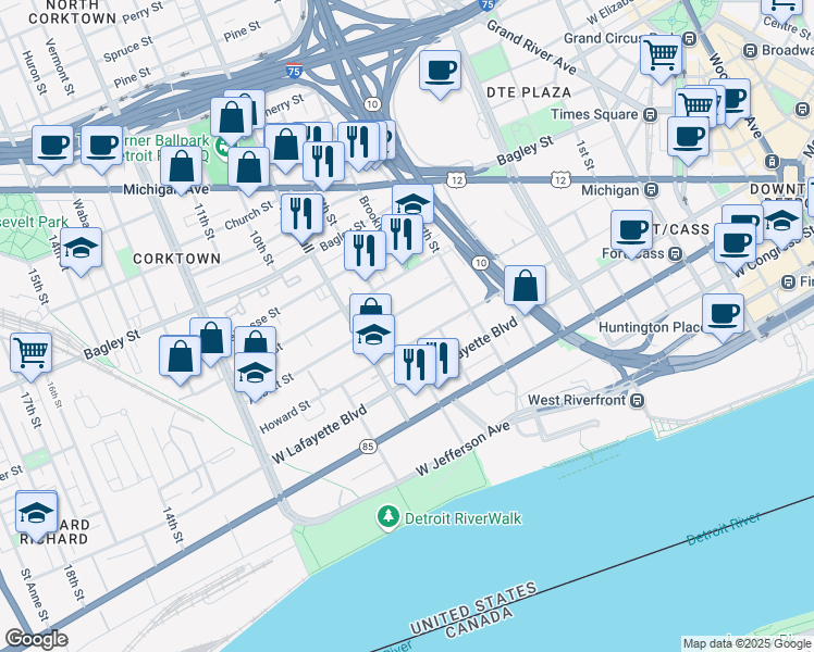 map of restaurants, bars, coffee shops, grocery stores, and more near 1450 Howard Street in Detroit