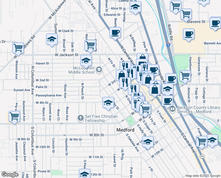 map of restaurants, bars, coffee shops, grocery stores, and more near in Medford