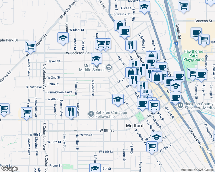 map of restaurants, bars, coffee shops, grocery stores, and more near 524 Pennsylvania Avenue in Medford