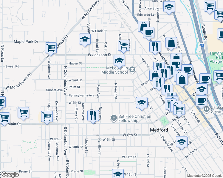map of restaurants, bars, coffee shops, grocery stores, and more near 208 North Peach Street in Medford