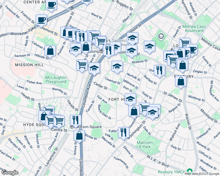 map of restaurants, bars, coffee shops, grocery stores, and more near 122 Cedar Street in Boston