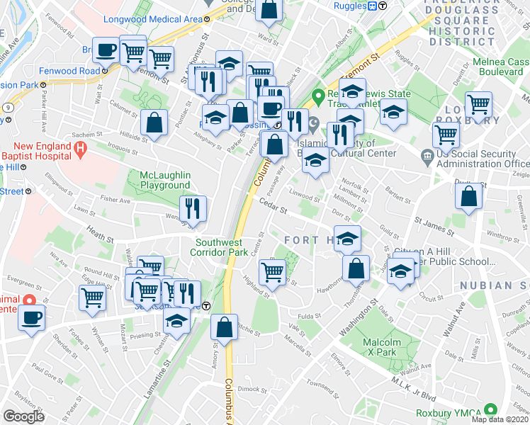 map of restaurants, bars, coffee shops, grocery stores, and more near 8 Highland Park Avenue in Boston
