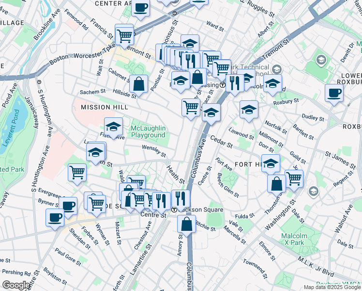 map of restaurants, bars, coffee shops, grocery stores, and more near 164 Terrace Street in Boston