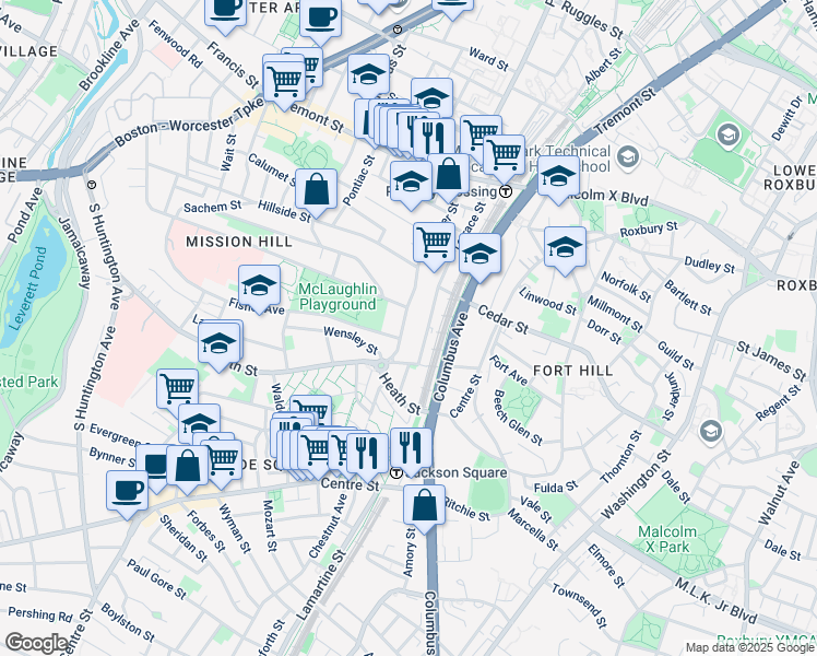 map of restaurants, bars, coffee shops, grocery stores, and more near 4 Fisher Avenue in Boston