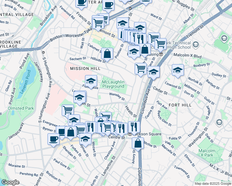 map of restaurants, bars, coffee shops, grocery stores, and more near 24 Wensley Street in Boston
