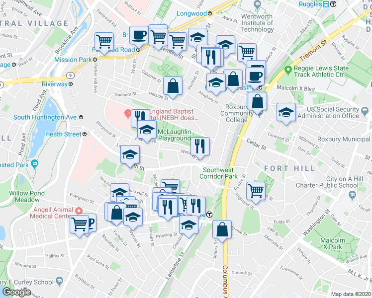 map of restaurants, bars, coffee shops, grocery stores, and more near 24 Wensley Street in Boston