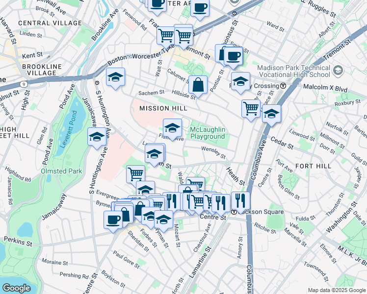 map of restaurants, bars, coffee shops, grocery stores, and more near 6 Bucknam Street in Boston