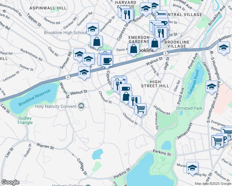 map of restaurants, bars, coffee shops, grocery stores, and more near 25 Prince Street in Brookline