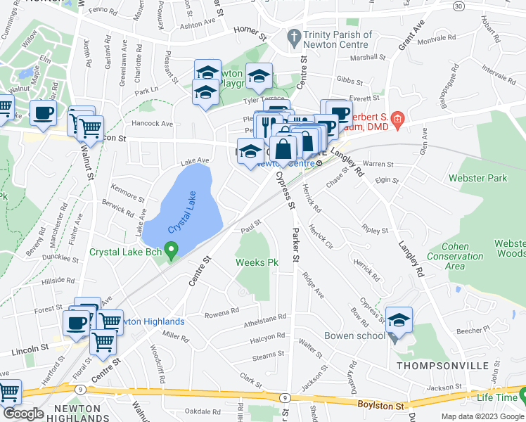 map of restaurants, bars, coffee shops, grocery stores, and more near 50 Paul Street in Newton