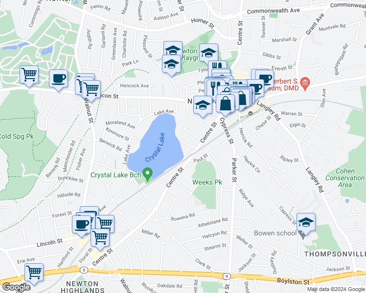map of restaurants, bars, coffee shops, grocery stores, and more near 57 Norwood Avenue in Newton