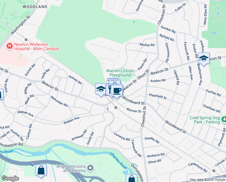 map of restaurants, bars, coffee shops, grocery stores, and more near 1649 Beacon Street in Newton