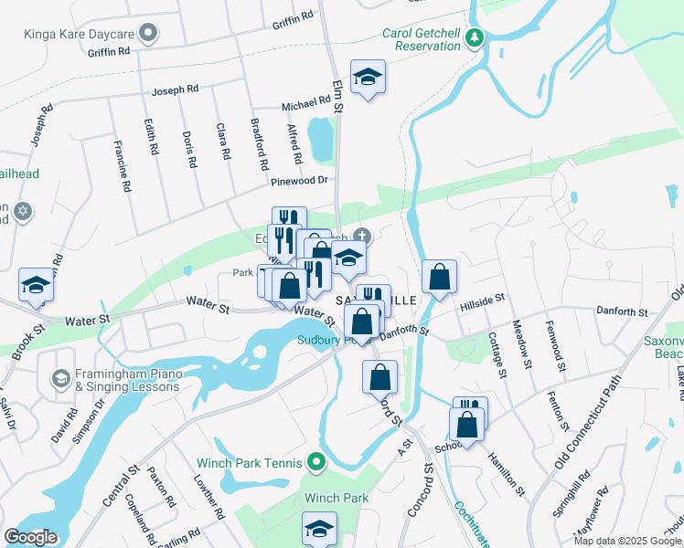 map of restaurants, bars, coffee shops, grocery stores, and more near 60 Elm Street in Framingham