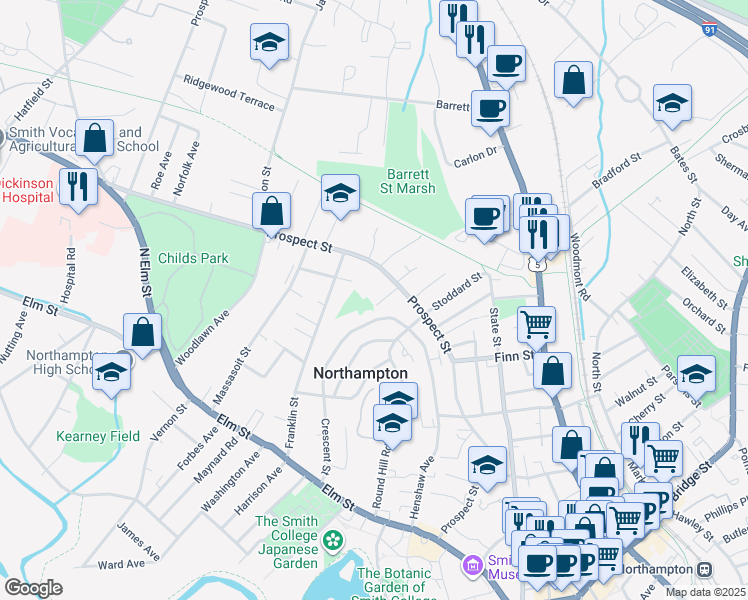 map of restaurants, bars, coffee shops, grocery stores, and more near 141 Crescent Street in Northampton