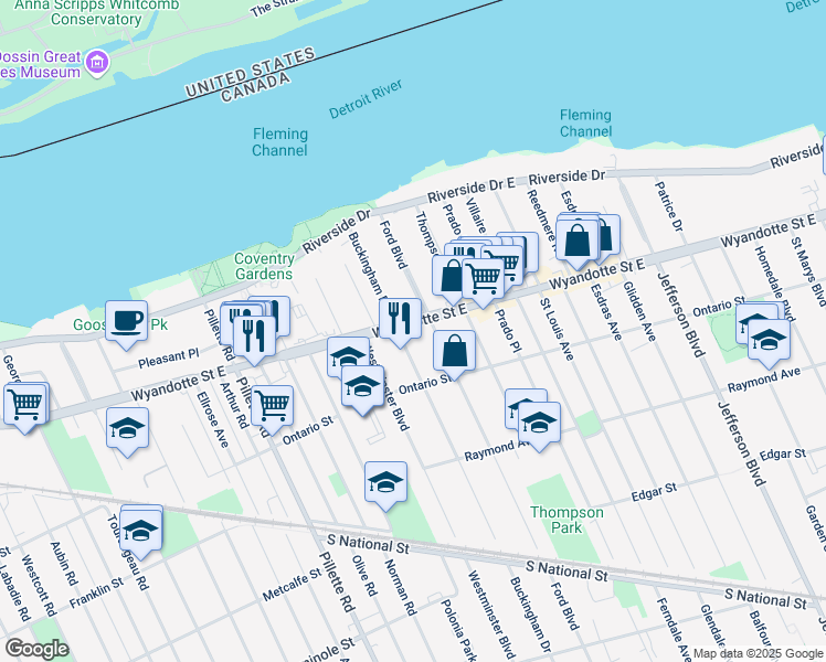 map of restaurants, bars, coffee shops, grocery stores, and more near 825 Buckingham Road in Windsor