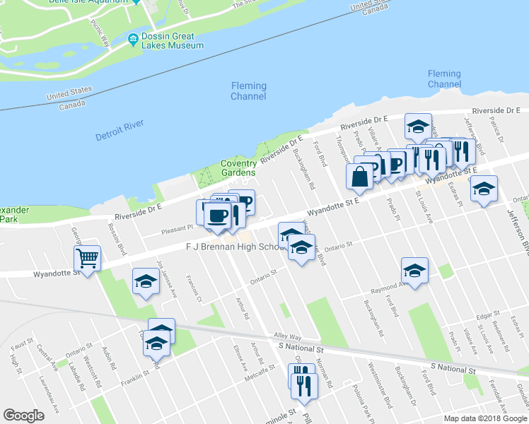 map of restaurants, bars, coffee shops, grocery stores, and more near 418 Wyandotte Street East in Windsor
