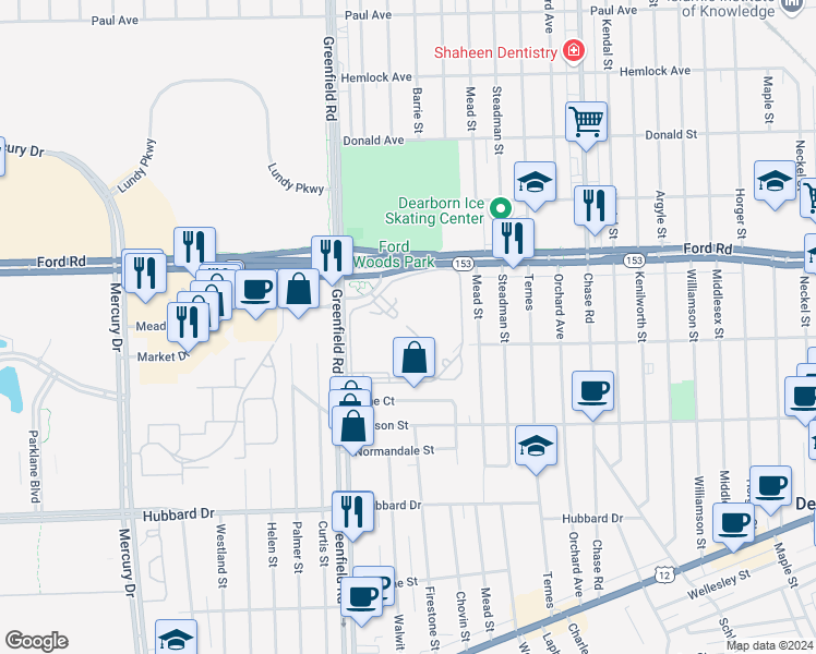 map of restaurants, bars, coffee shops, grocery stores, and more near 5500 Greenfield Road in Dearborn