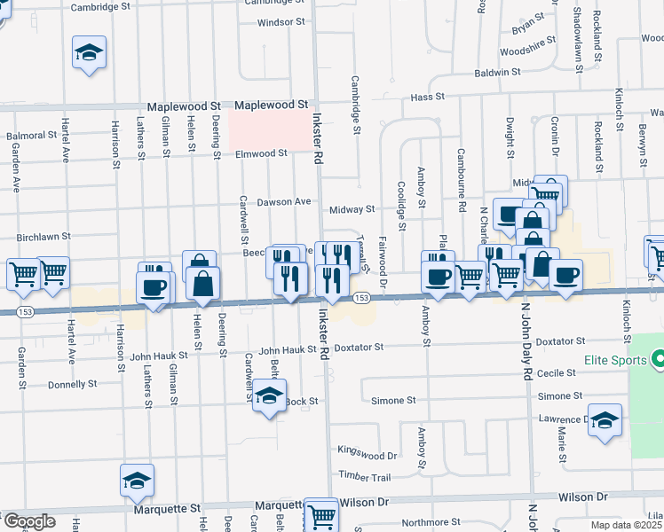 map of restaurants, bars, coffee shops, grocery stores, and more near 5680 Inkster Road in Dearborn Heights