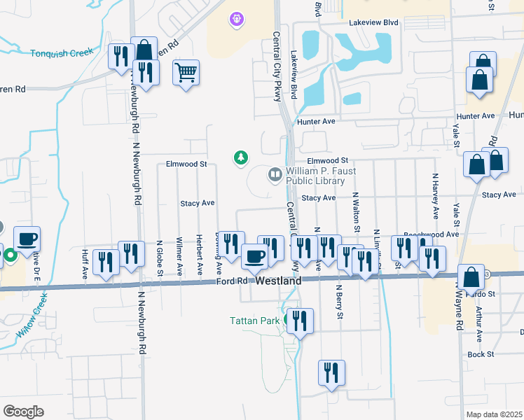 map of restaurants, bars, coffee shops, grocery stores, and more near 36581 Newberry Estates Drive in Westland