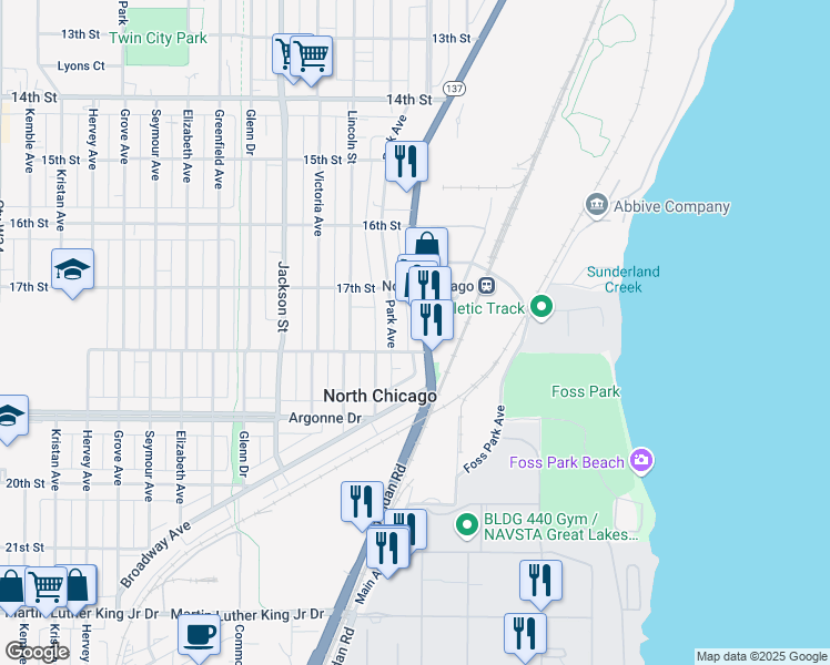 map of restaurants, bars, coffee shops, grocery stores, and more near in North Chicago