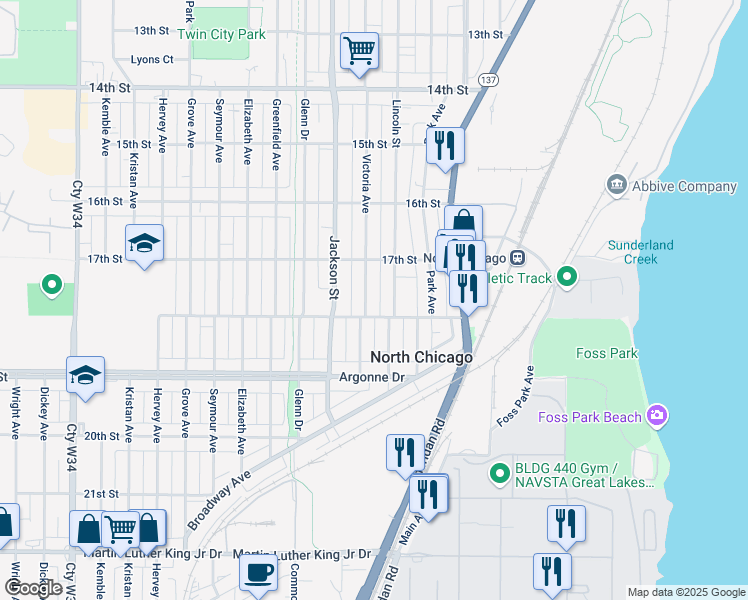 map of restaurants, bars, coffee shops, grocery stores, and more near 916 18th Street in North Chicago