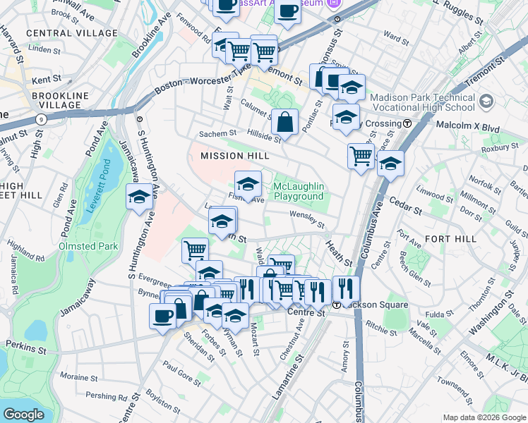 map of restaurants, bars, coffee shops, grocery stores, and more near 6 Bucknam Street in Boston