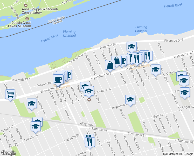 map of restaurants, bars, coffee shops, grocery stores, and more near 825 Buckingham Road in Windsor