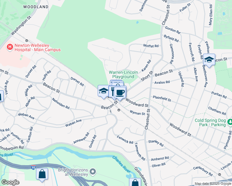 map of restaurants, bars, coffee shops, grocery stores, and more near 20 Kinmonth Road in Newton