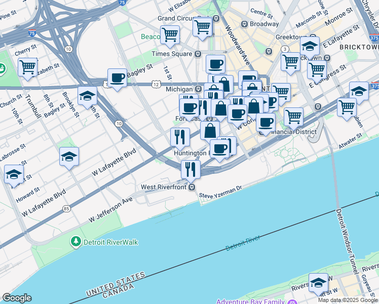 map of restaurants, bars, coffee shops, grocery stores, and more near 610 West Congress Street in Detroit