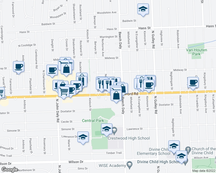 map of restaurants, bars, coffee shops, grocery stores, and more near 5652 Norborne Avenue in Dearborn Heights