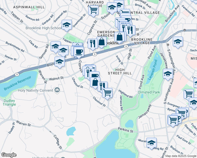 map of restaurants, bars, coffee shops, grocery stores, and more near 21 Rice Street in Brookline