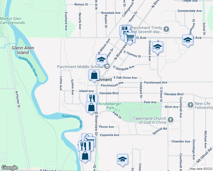map of restaurants, bars, coffee shops, grocery stores, and more near 100 Maple Street in Parchment