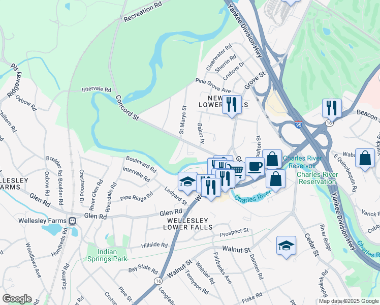 map of restaurants, bars, coffee shops, grocery stores, and more near 153 Concord Street in Newton